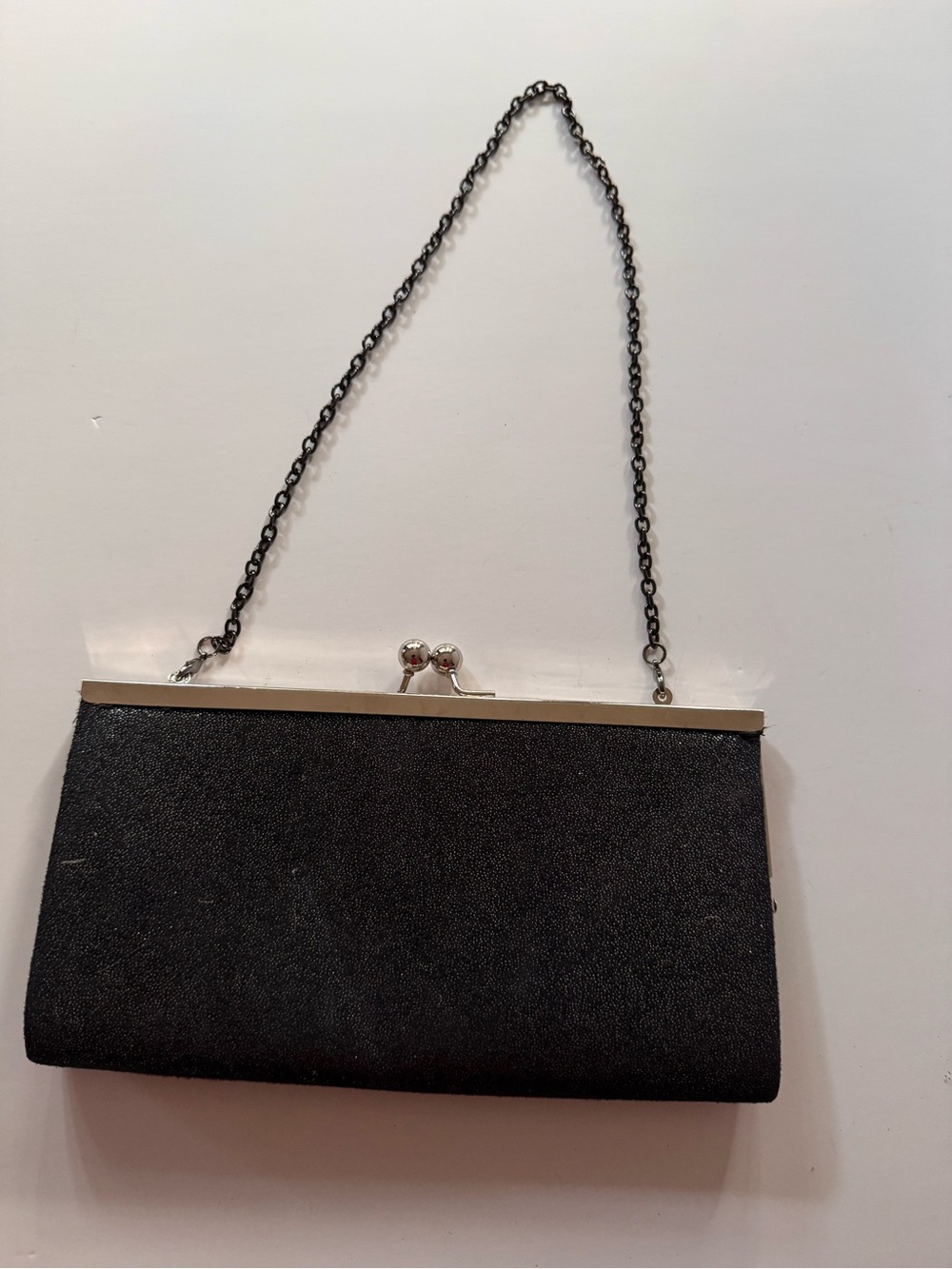La Regale Black Shimmer Evening Clutch Silver Kiss-Lock & Removable Chain